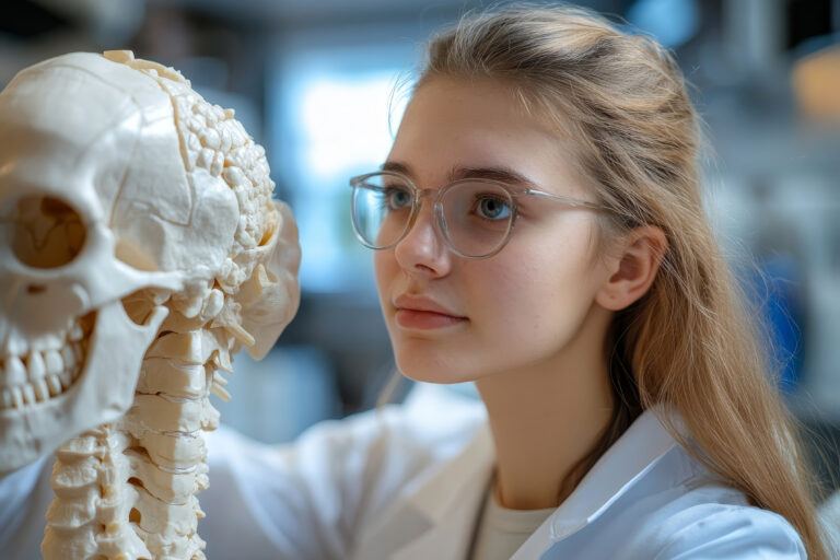 Student of medicine examining anatomical model in lab, Generative AI